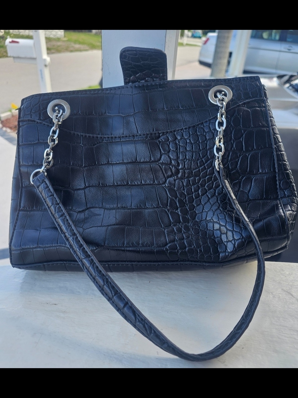 Black Croc-Embossed Chain Shoulder Bag - Unbranded